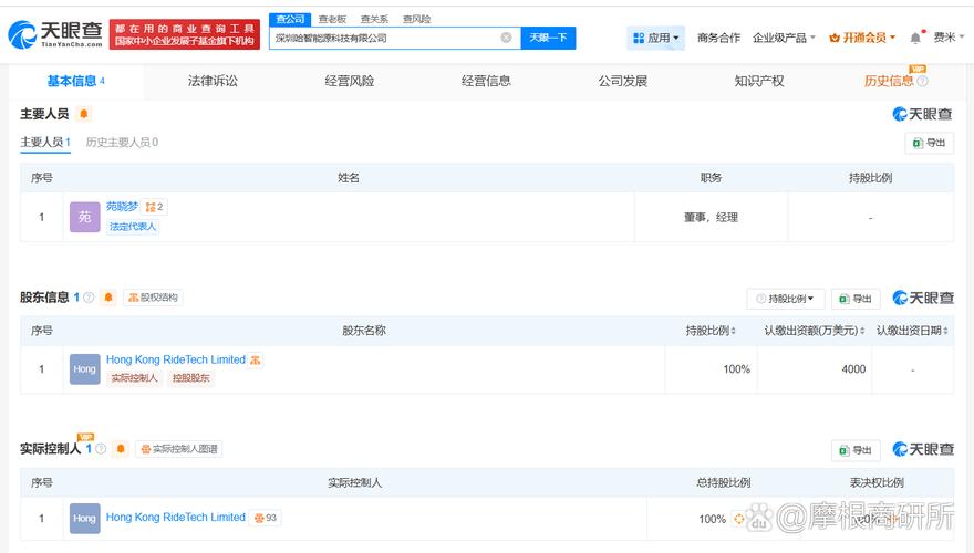 为苑晓梦,注册资本4000万美元,经营范围包括储能技术服务